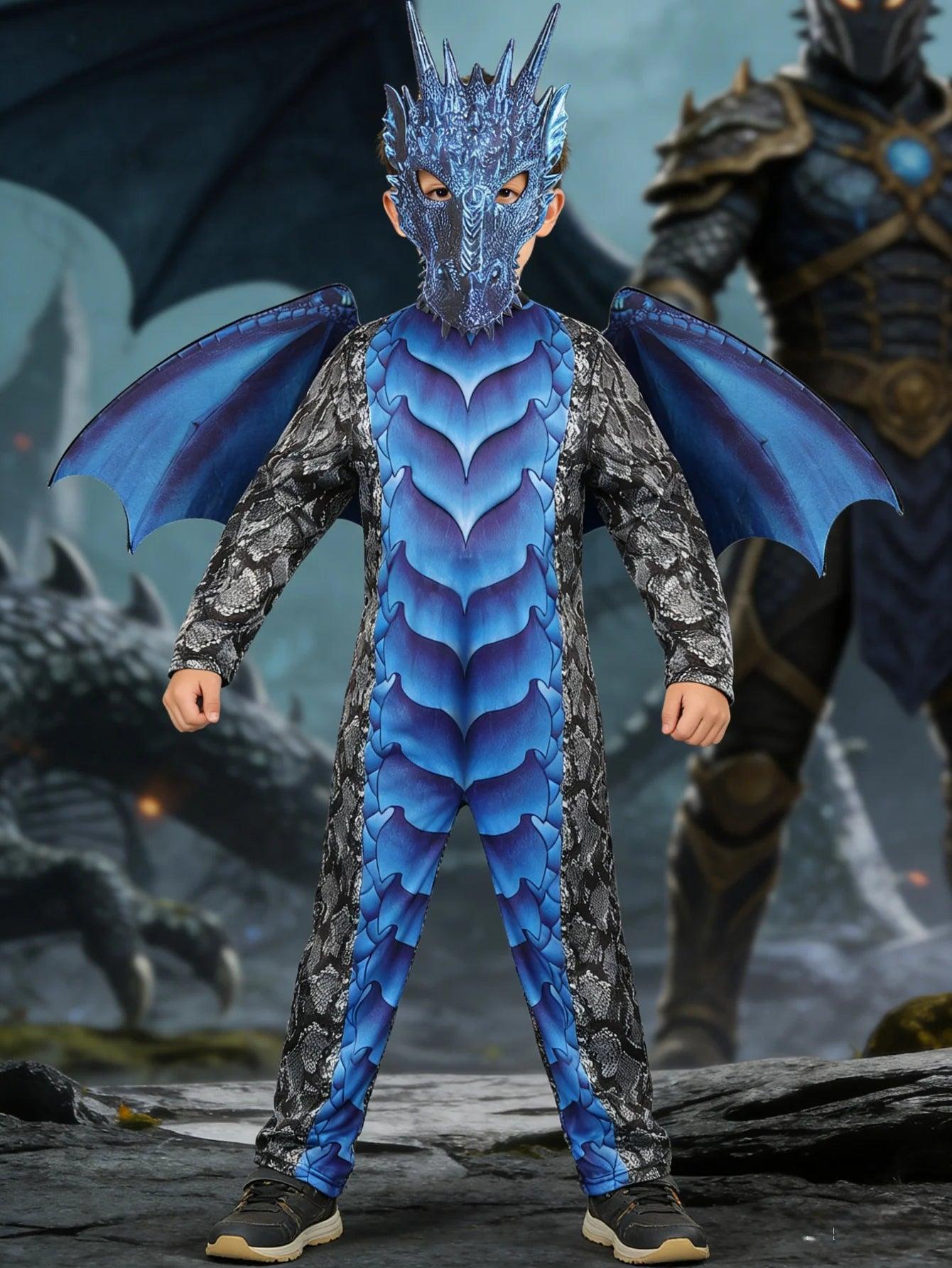 Boys Dinosaur Jumpsuit Set | Blue Wing And Mask | Toylandeu