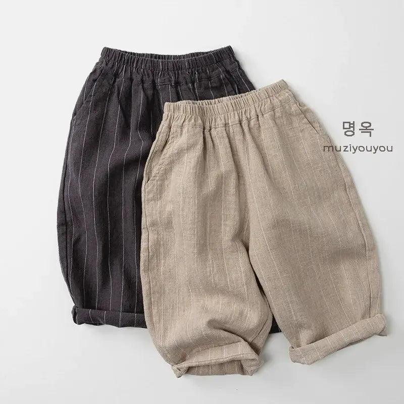  Boys Pants Cotton Linen Vertical Stripe Elastic Waist -  ToylandEU™