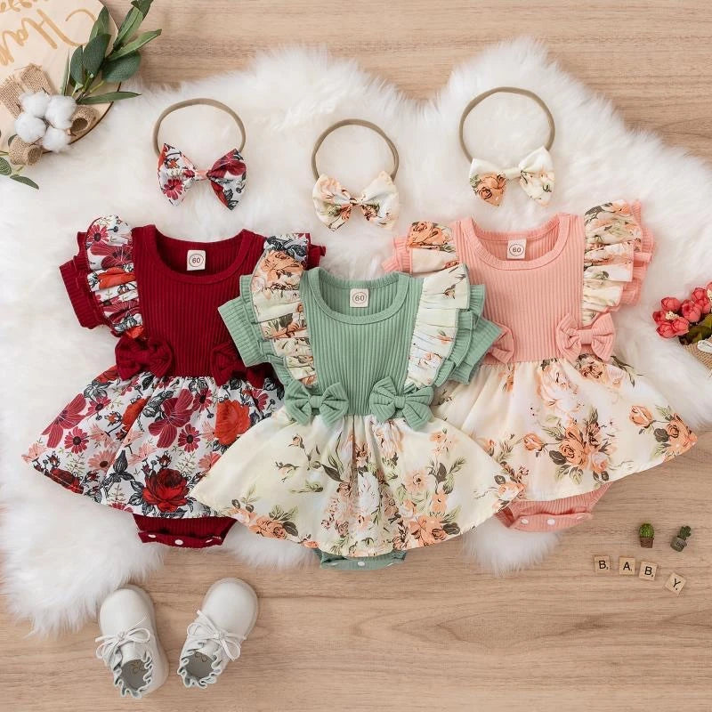 Breathable Baby Dress Bowknot Striped Floral Cotton For Newborn Girls Summer Crawling Wear - ToylandEU