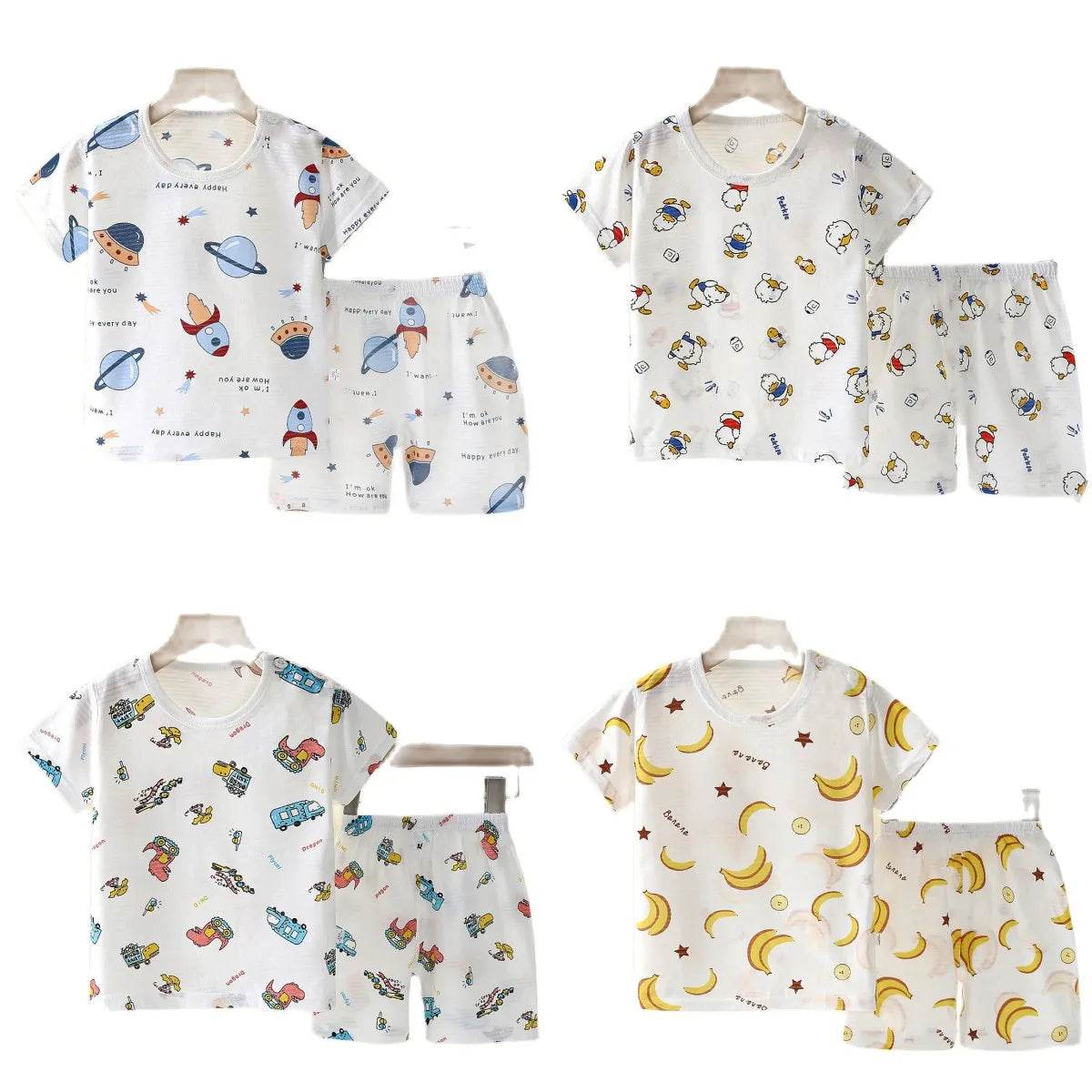 Breathable Cotton Pajamas Two Piece Set With Cartoon Pattern For Unisex Kids New Summer Nightwear - ToylandEU