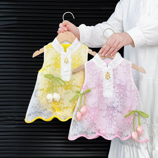 Breathable Girls Sleeveless Vest Romper With Floral Print And 3D Flower Bow For Summer Play - ToylandEU