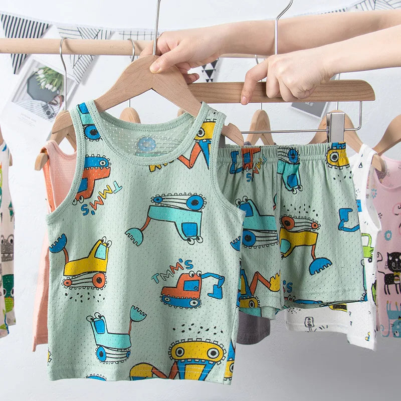 Breathable Kids Sleepwear Dinosaur Car Print Sleeveless Ages 1 To 9 Years Summer - ToylandEU