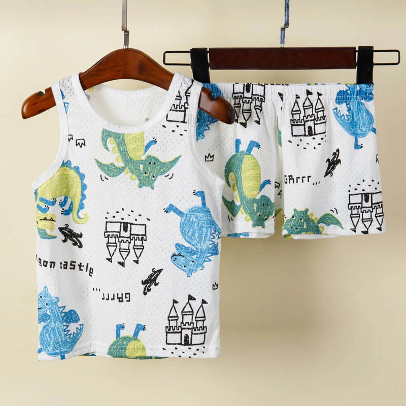 Breathable Kids Sleepwear Dinosaur Car Print Sleeveless Ages 1 To 9 Years Summer - ToylandEU
