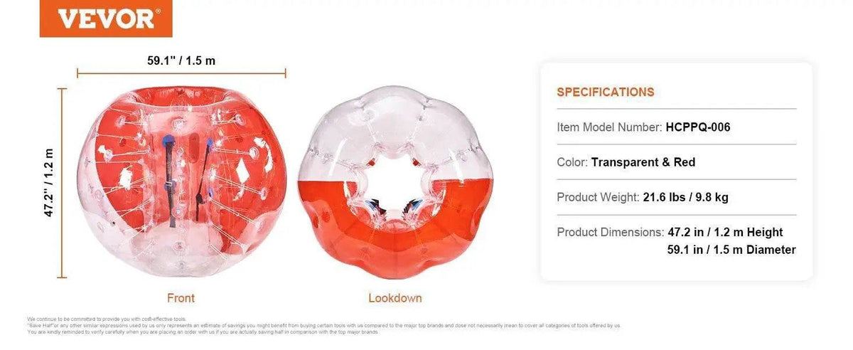  VEVOR 5FT 1.5M Inflatable Bumper Ball Body Bubble Zorb Ball for Teen and Adult PVC Bubble Soccer Balls -  ToylandEU™