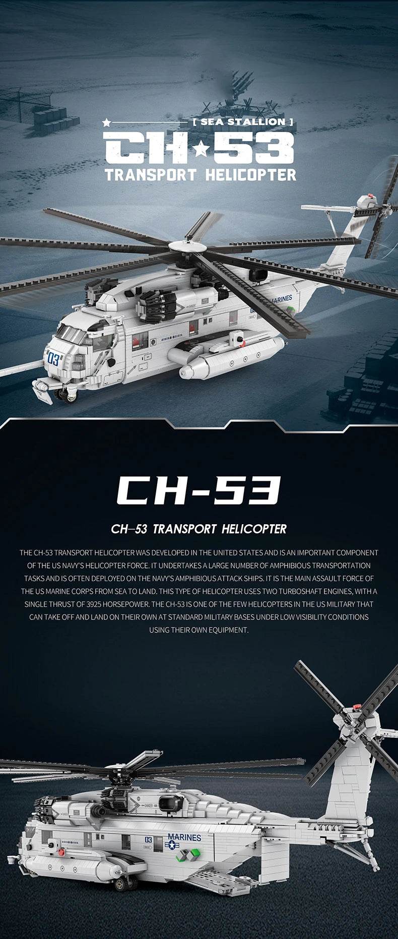 CH-53E Transport Helicopter Building Blocks Army Plane Military Model Assembly Bricks Kids Toy Holiday Gift - ToylandEU