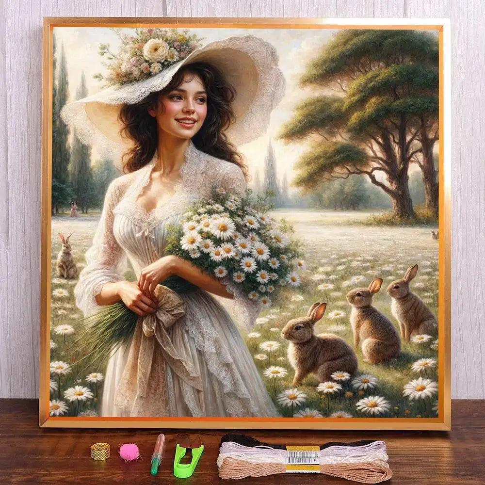  Charming Portrait of a Girl with Chrysanthemums - DIY Cross Stitch Embroidery Set for Adults -  ToylandEU™