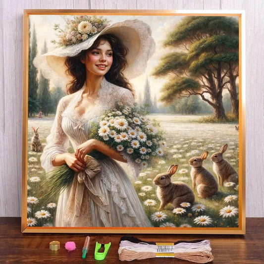  Charming Portrait of a Girl with Chrysanthemums - DIY Cross Stitch Embroidery Set for Adults -  ToylandEU™