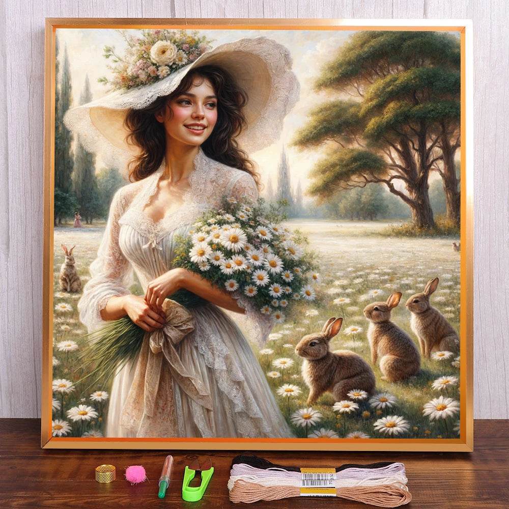 Charming Portrait of a Girl with Chrysanthemums - DIY Cross Stitch Embroidery Set for Adults - ToylandEU