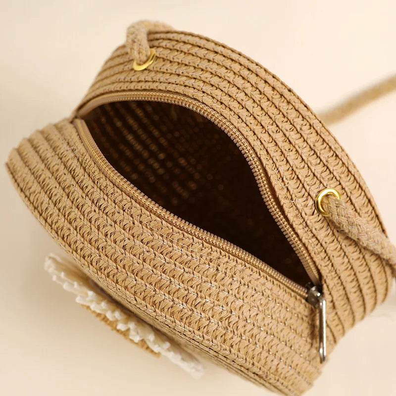Charming Straw Crossbody Bag For Girls Ages Four To Six Floral Woven Design With Mini Zipper Photo Prop - ToylandEU