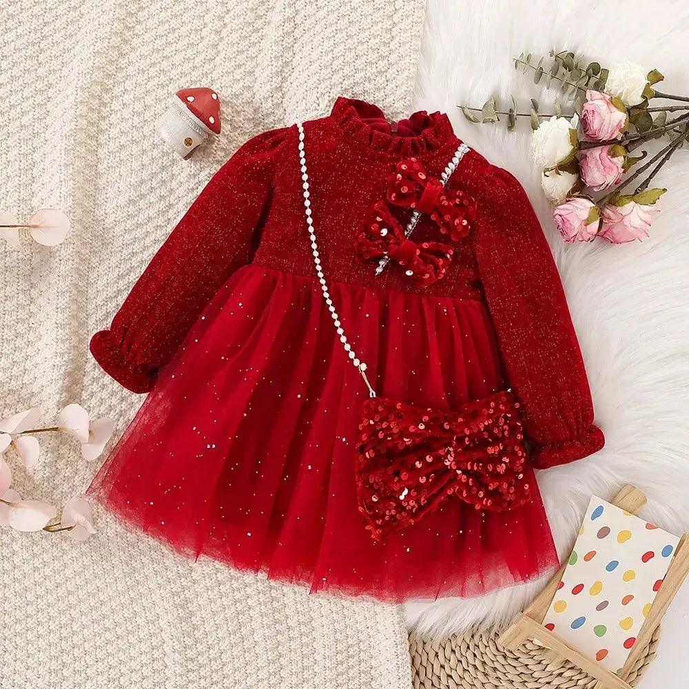  Chic Baby Girl Dress Red Mesh Collar Pearl Toyland EU -  ToylandEU™