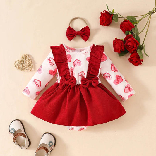 Chic Baby Girl Dress With Love Print Red Ruffle Edge Butterfly Bow Two Piece Set For Zero To Eighteen Months - ToylandEU