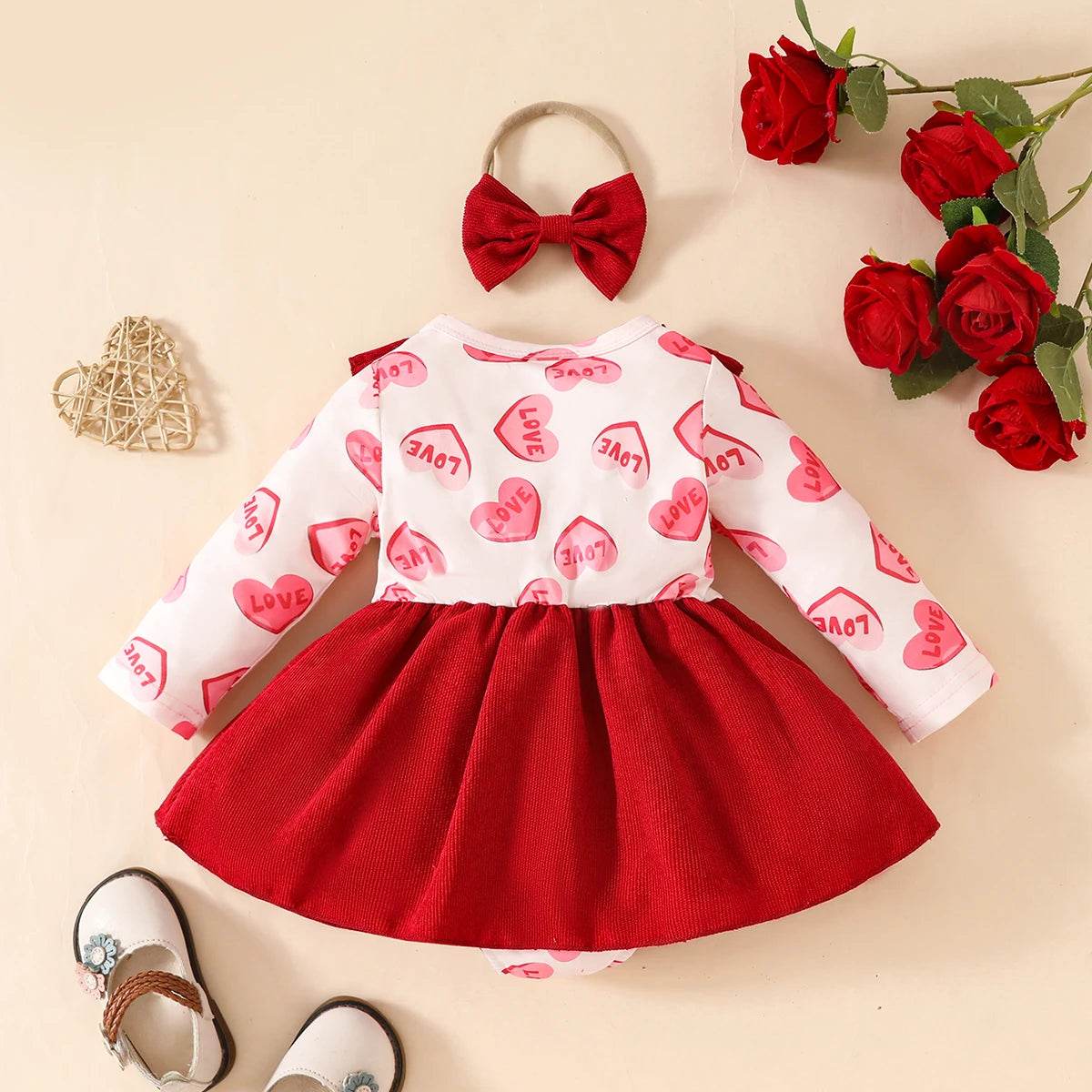 Chic Baby Girl Dress With Love Print Red Ruffle Edge Butterfly Bow Two Piece Set For Zero To Eighteen Months - ToylandEU