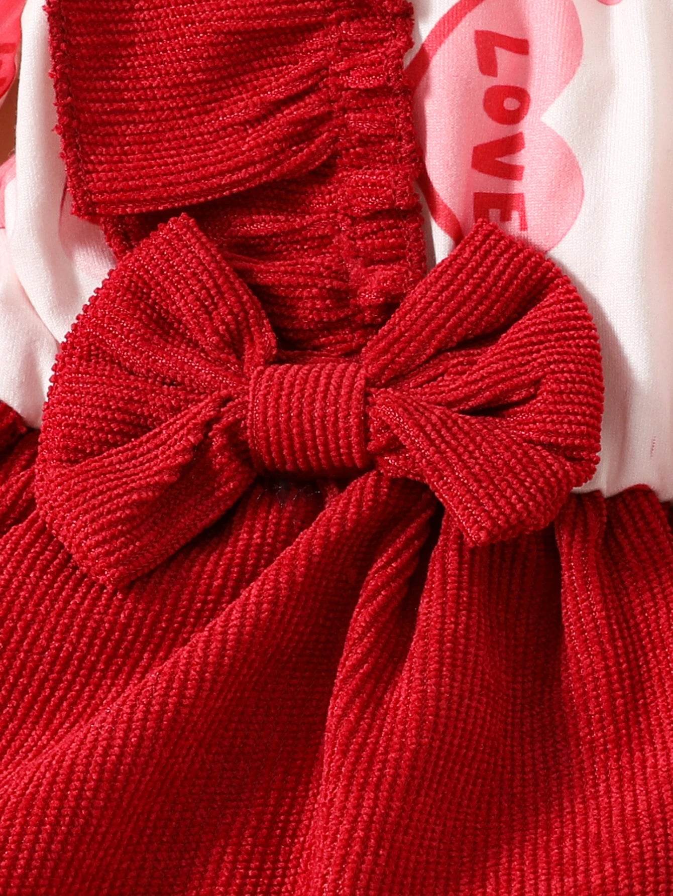 Chic Baby Girl Dress With Love Print Red Ruffle Edge Butterfly Bow Two Piece Set For Zero To Eighteen Months - ToylandEU