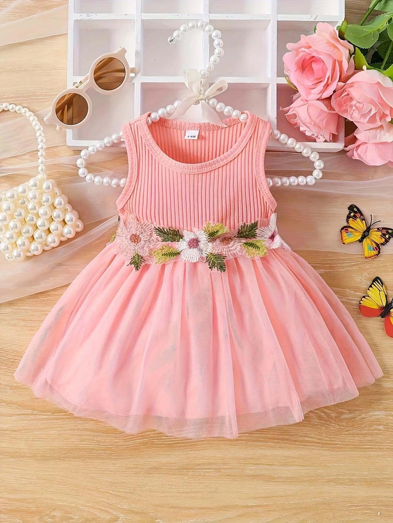 Chic Baby Girl Sleeveless Patchwork Mesh Dress With Floral Waist for Parties - ToylandEU