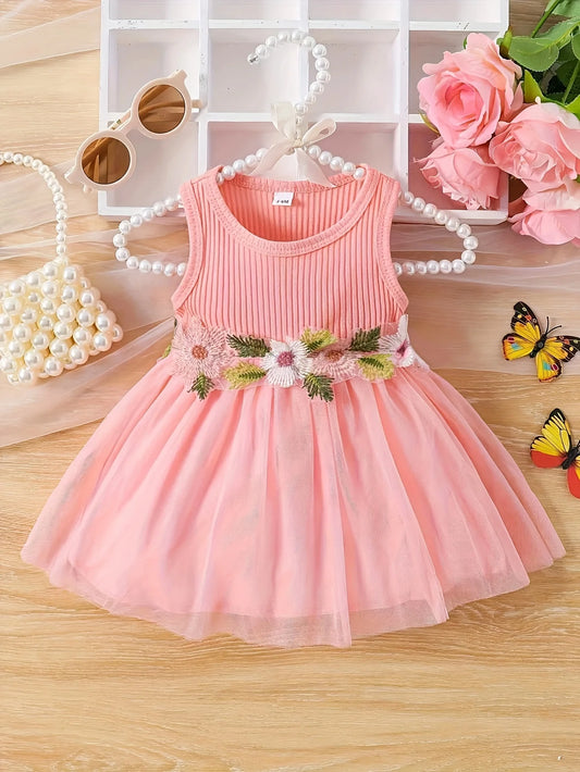 Chic Baby Girl Sleeveless Patchwork Mesh Dress With Floral Waist for Parties - ToylandEU