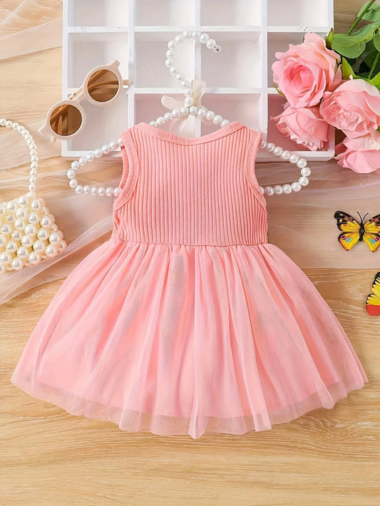 Chic Baby Girl Sleeveless Patchwork Mesh Dress With Floral Waist for Parties - ToylandEU