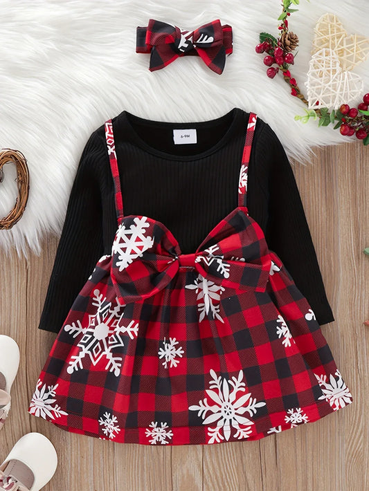 Christmas Plaid Patchwork Snowflake Baby Girls Dress With Headband - ToylandEU
