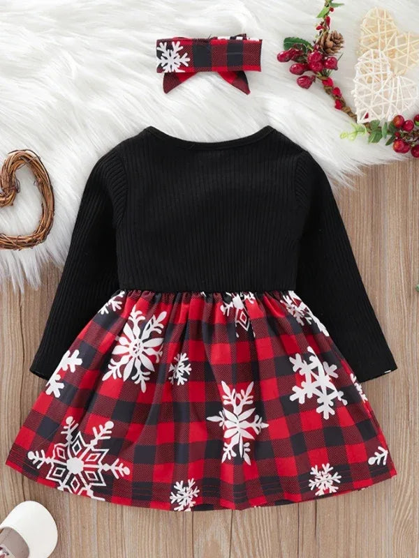 Christmas Plaid Patchwork Snowflake Baby Girls Dress With Headband - ToylandEU
