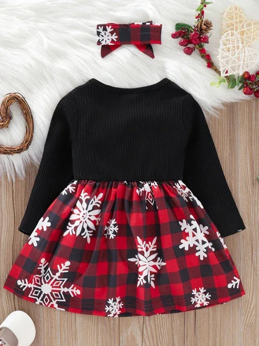 Christmas Plaid Patchwork Snowflake Baby Girls Dress With Headband - ToylandEU