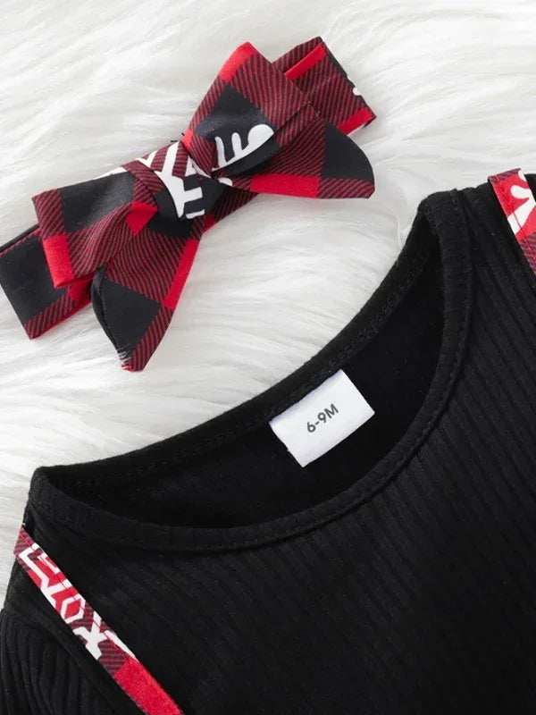 Christmas Plaid Patchwork Snowflake Baby Girls Dress With Headband - ToylandEU