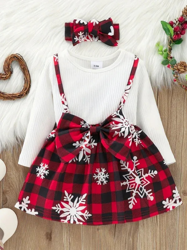 Christmas Plaid Patchwork Snowflake Baby Girls Dress With Headband - ToylandEU