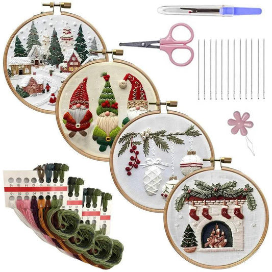  Christmas-Themed DIY Embroidery Kit: 4 Set Handmade Cross Stitch Patterns with Gnome, Snow House, and Fireplace Designs -  ToylandEU™