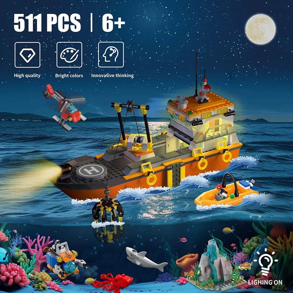 City Oceans Fishing Boat Trawler Bricks With Lighting Model - ToylandEU
