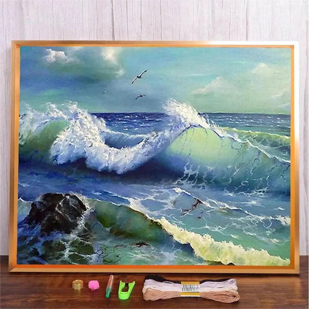  Coastal Serenity Stamped Cross Stitch Kit - Easy Embroidery Pattern with Cotton Threads for Adults -  ToylandEU™