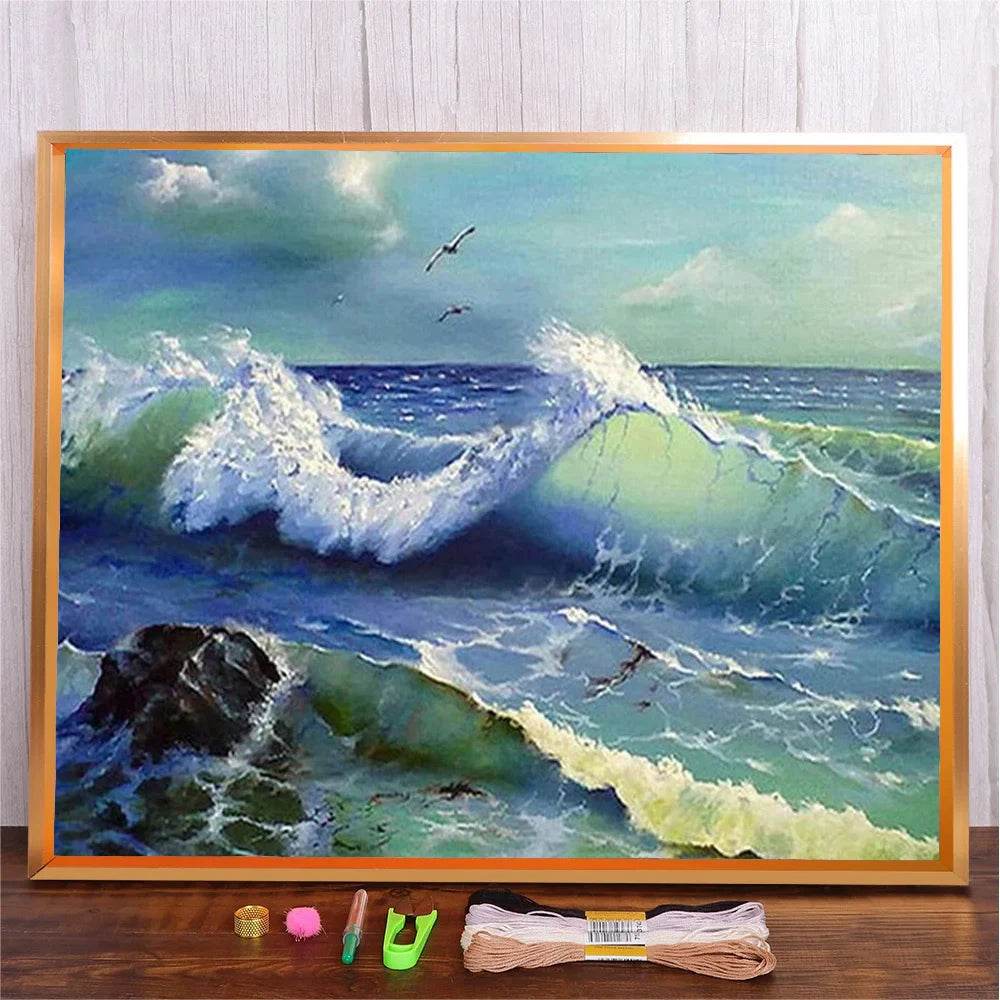 Coastal Serenity Stamped Cross Stitch Kit - Easy Embroidery Pattern with Cotton Threads for Adults - ToylandEU