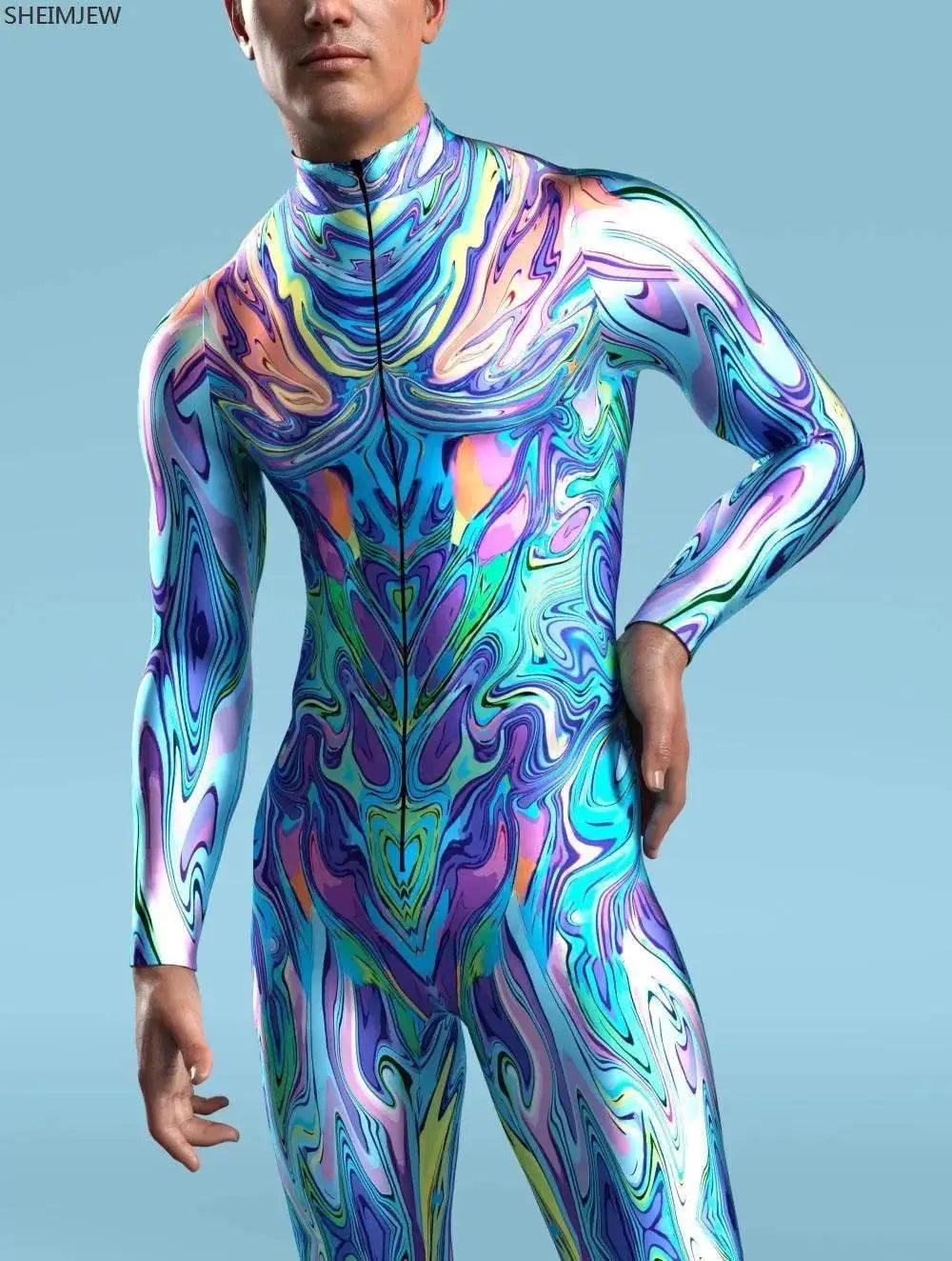  Colorful Machine Zentai Men Bodysuit Front Zipper Jumpsuit Carnival Festival Outfit Thumb Sleeves Cosplay Costume -  ToylandEU™