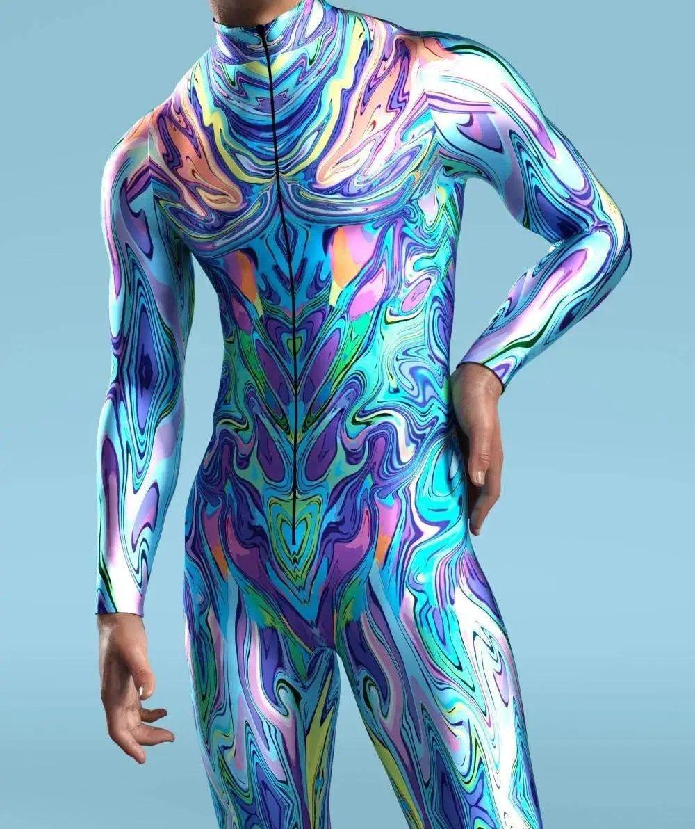  Colorful Machine Zentai Men Bodysuit Front Zipper Jumpsuit Carnival Festival Outfit Thumb Sleeves Cosplay Costume -  ToylandEU™