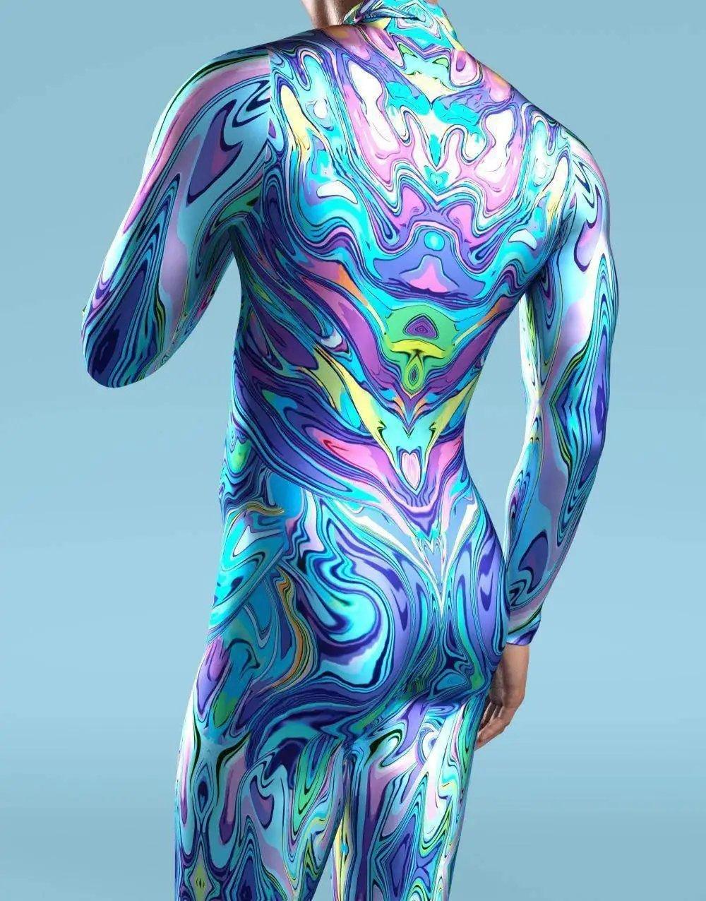  Colorful Machine Zentai Men Bodysuit Front Zipper Jumpsuit Carnival Festival Outfit Thumb Sleeves Cosplay Costume -  ToylandEU™