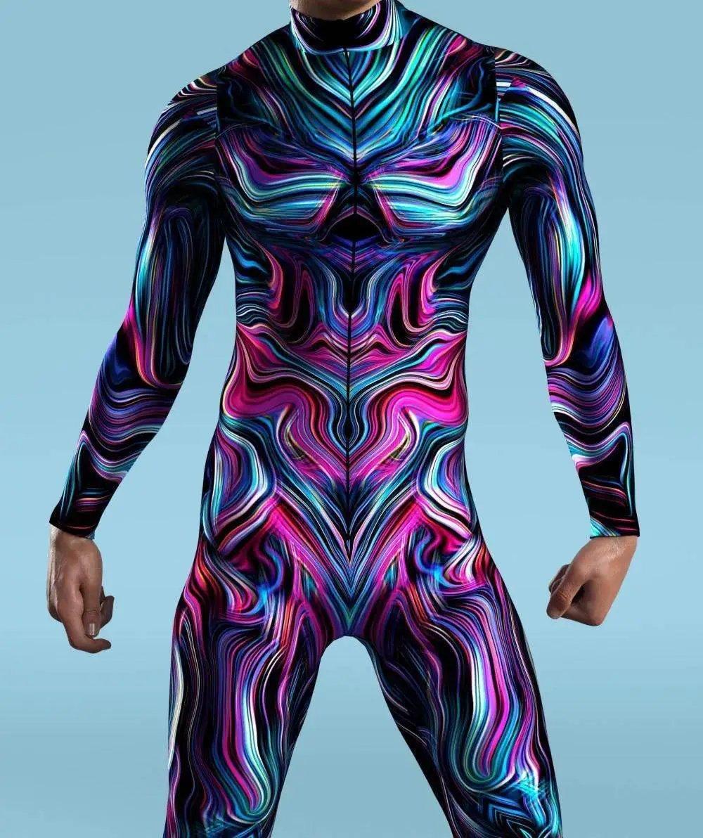  Colorful Machine Zentai Men Bodysuit Front Zipper Jumpsuit Carnival Festival Outfit Thumb Sleeves Cosplay Costume -  ToylandEU™