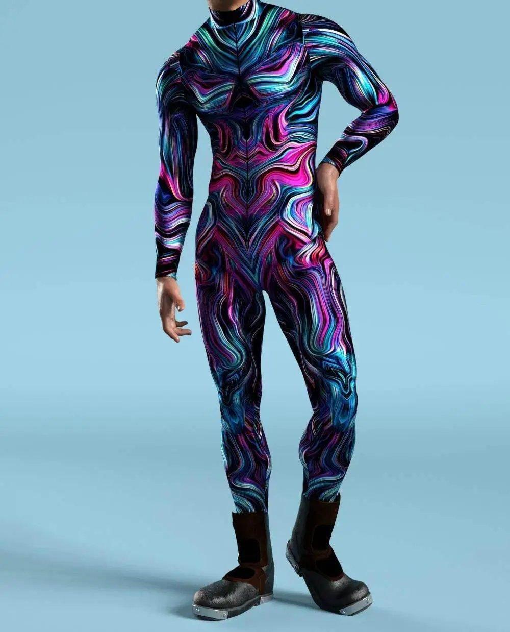  Colorful Machine Zentai Men Bodysuit Front Zipper Jumpsuit Carnival Festival Outfit Thumb Sleeves Cosplay Costume -  ToylandEU™
