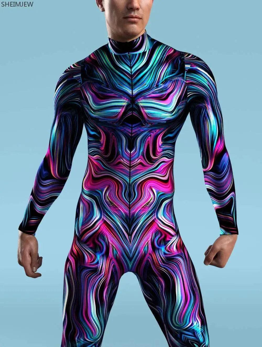  Colorful Machine Zentai Men Bodysuit Front Zipper Jumpsuit Carnival Festival Outfit Thumb Sleeves Cosplay Costume -  ToylandEU™