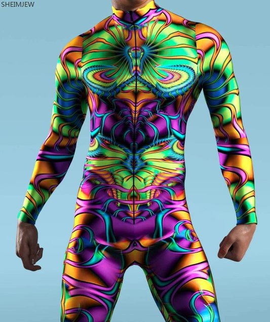 Colorful Machine Zentai Men Bodysuit Front Zipper Jumpsuit Carnival Festival Outfit Thumb Sleeves Cosplay Costume - ToylandEU