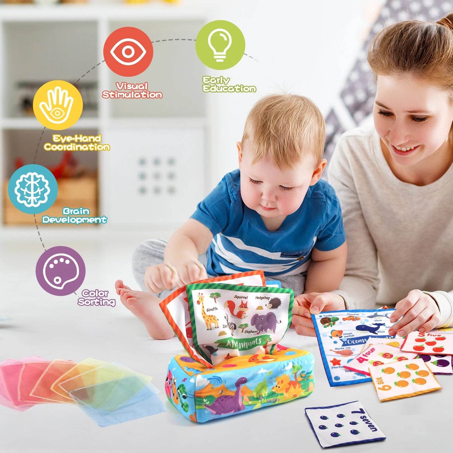 Baby Tissue Box Colorful Soft Sensory Toy For Toddler Finger Exercise Pumping Silk Scarf Gifts 0-18M Montessori Educational Toys - ToylandEU