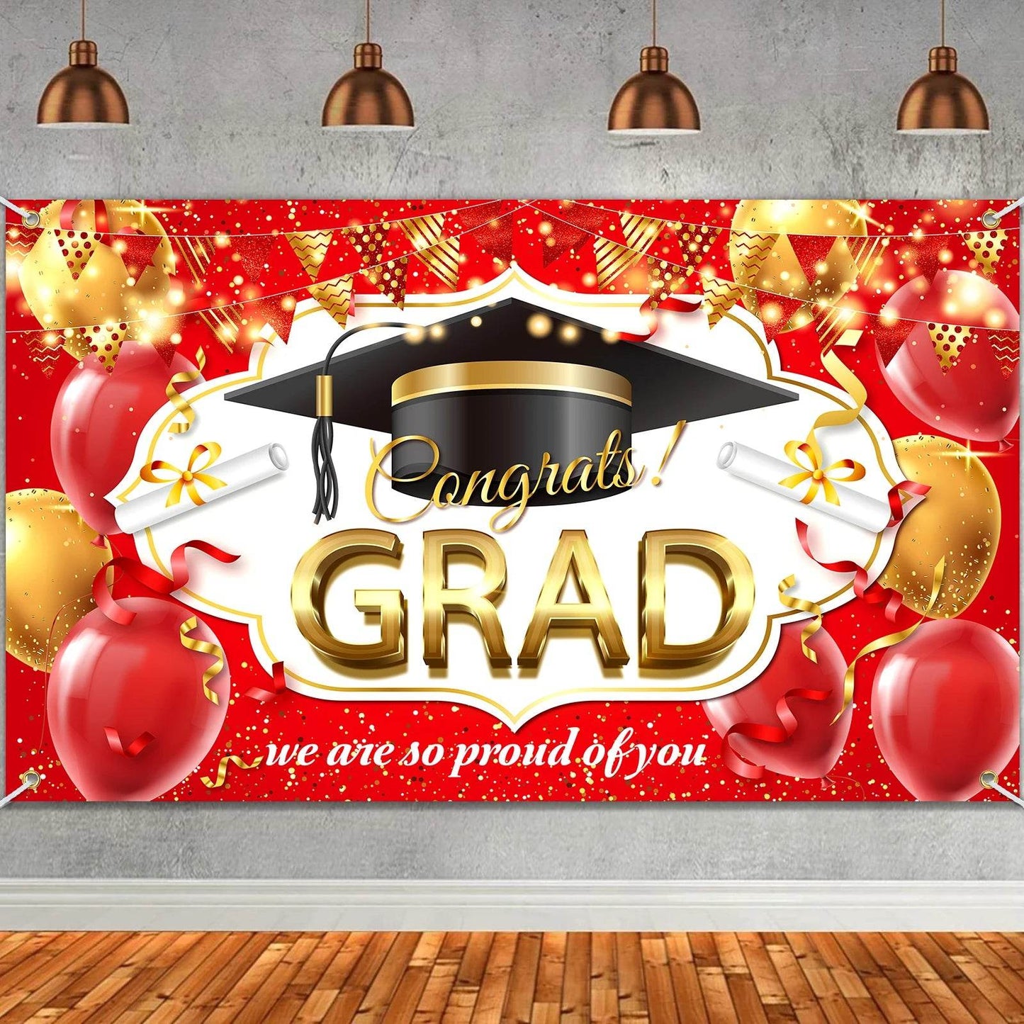 Congrats Grad Banner Backdrop Decor Set Black Gold Graduation - ToylandEU