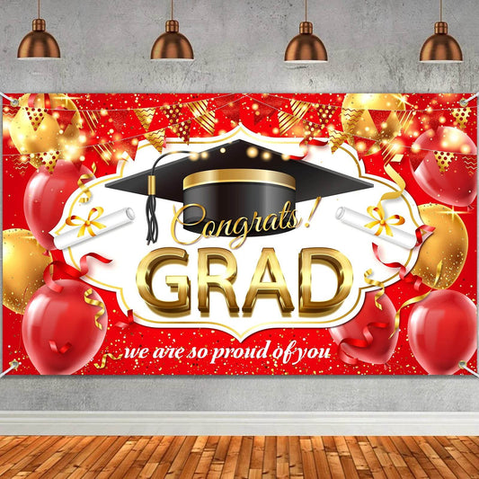 Congrats Grad Banner Backdrop Decor Set Black Gold Graduation - ToylandEU