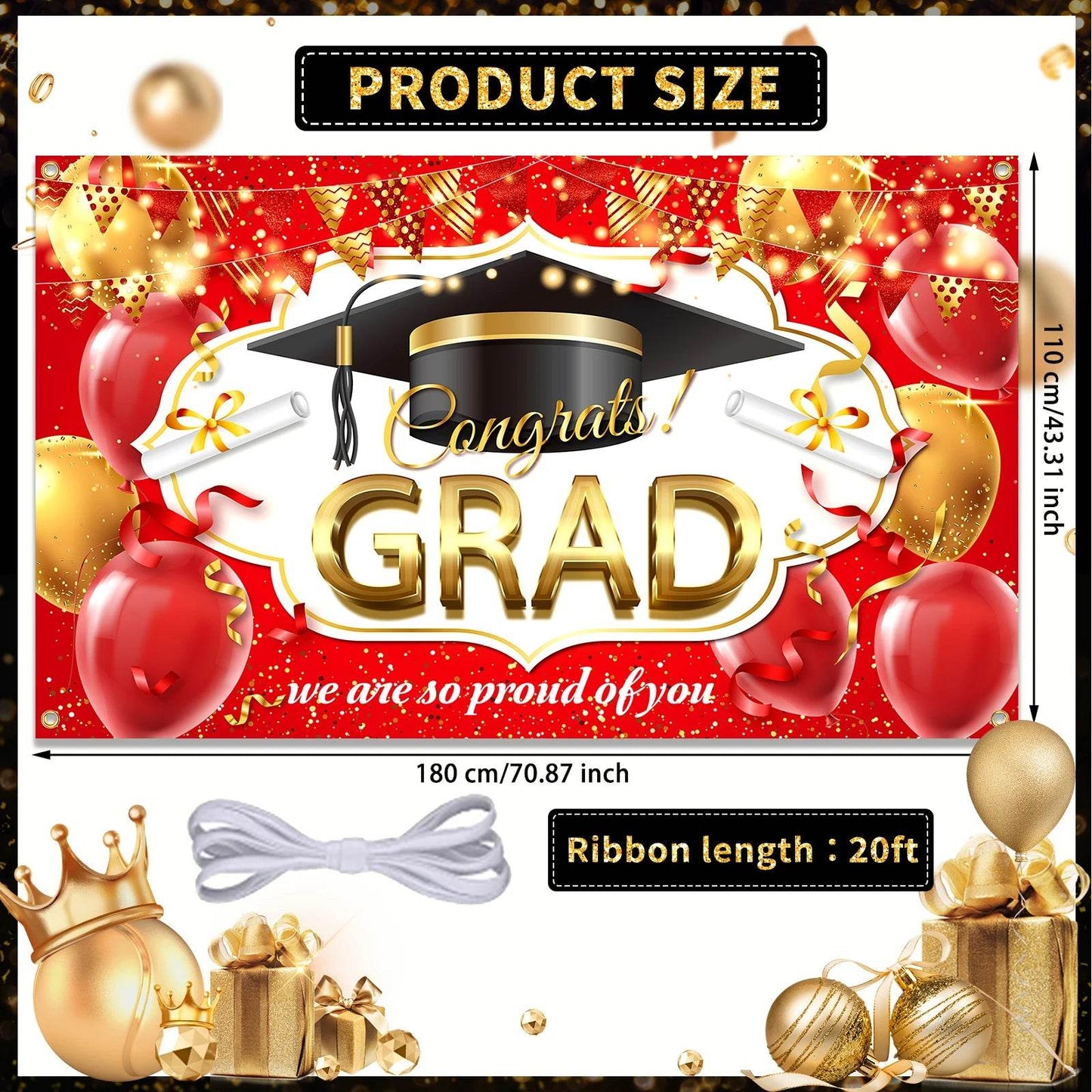 Congrats Grad Banner Backdrop Decor Set Black Gold Graduation - ToylandEU