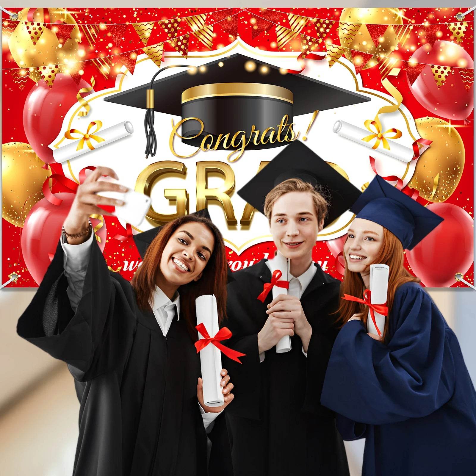 Congrats Grad Banner Backdrop Decor Set Black Gold Graduation - ToylandEU