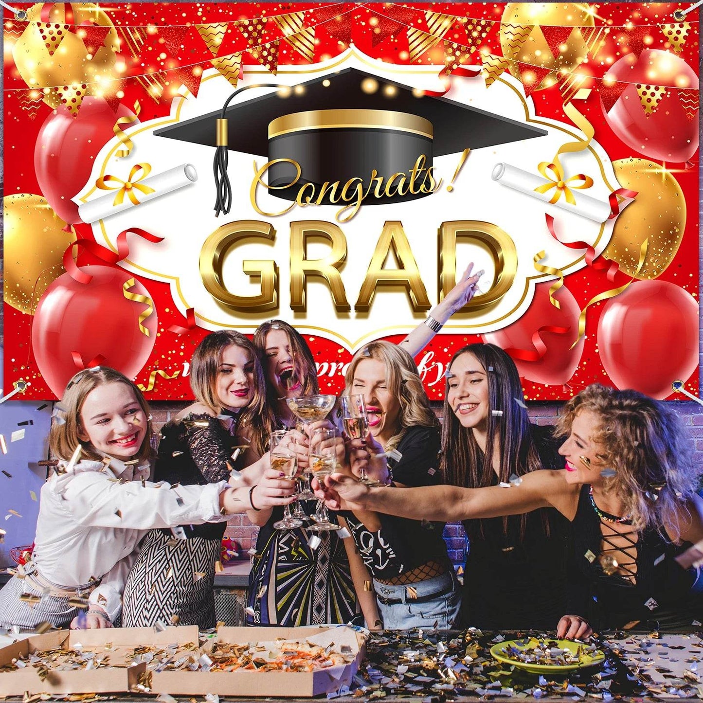 Congrats Grad Banner Backdrop Decor Set Black Gold Graduation - ToylandEU