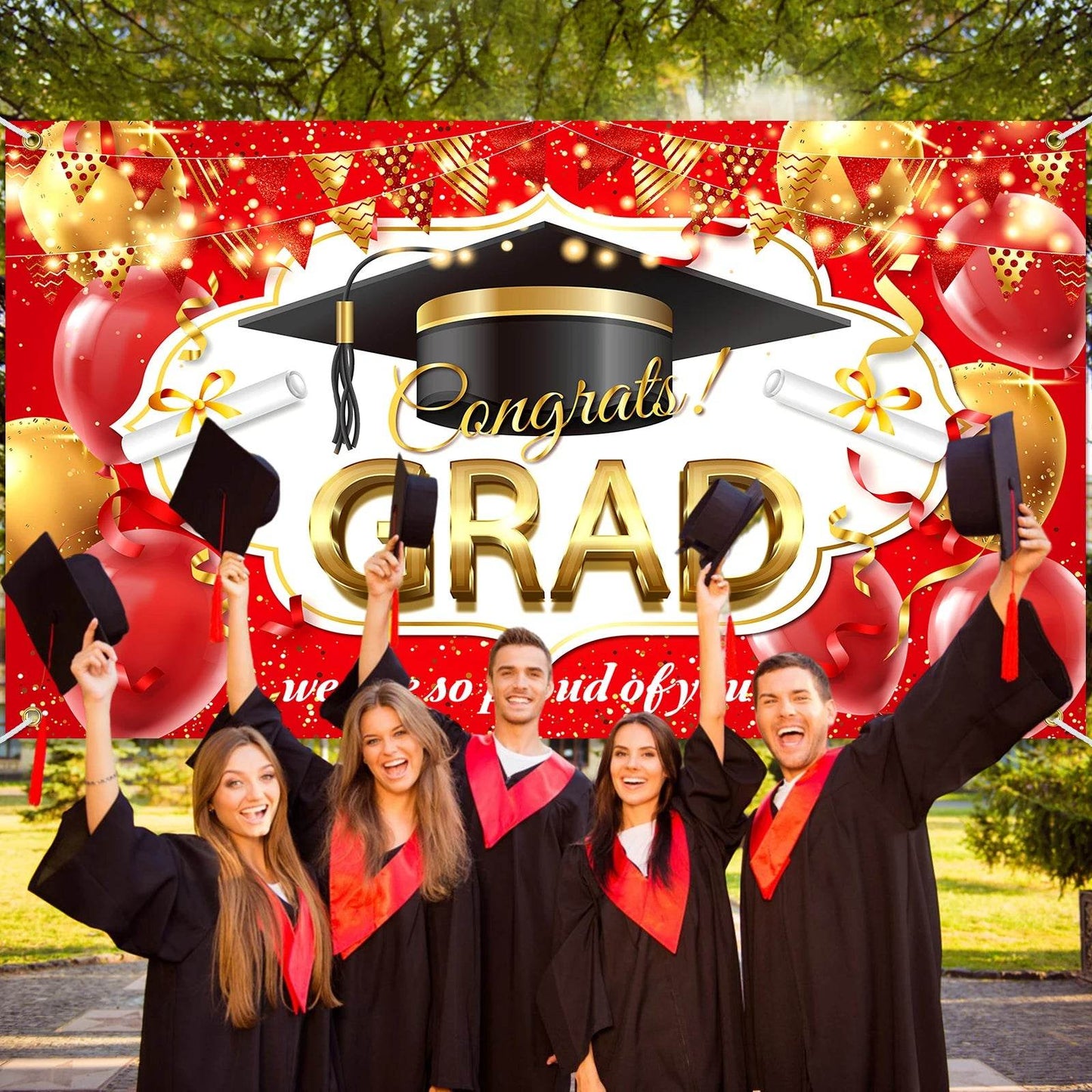 Congrats Grad Banner Backdrop Decor Set Black Gold Graduation - ToylandEU