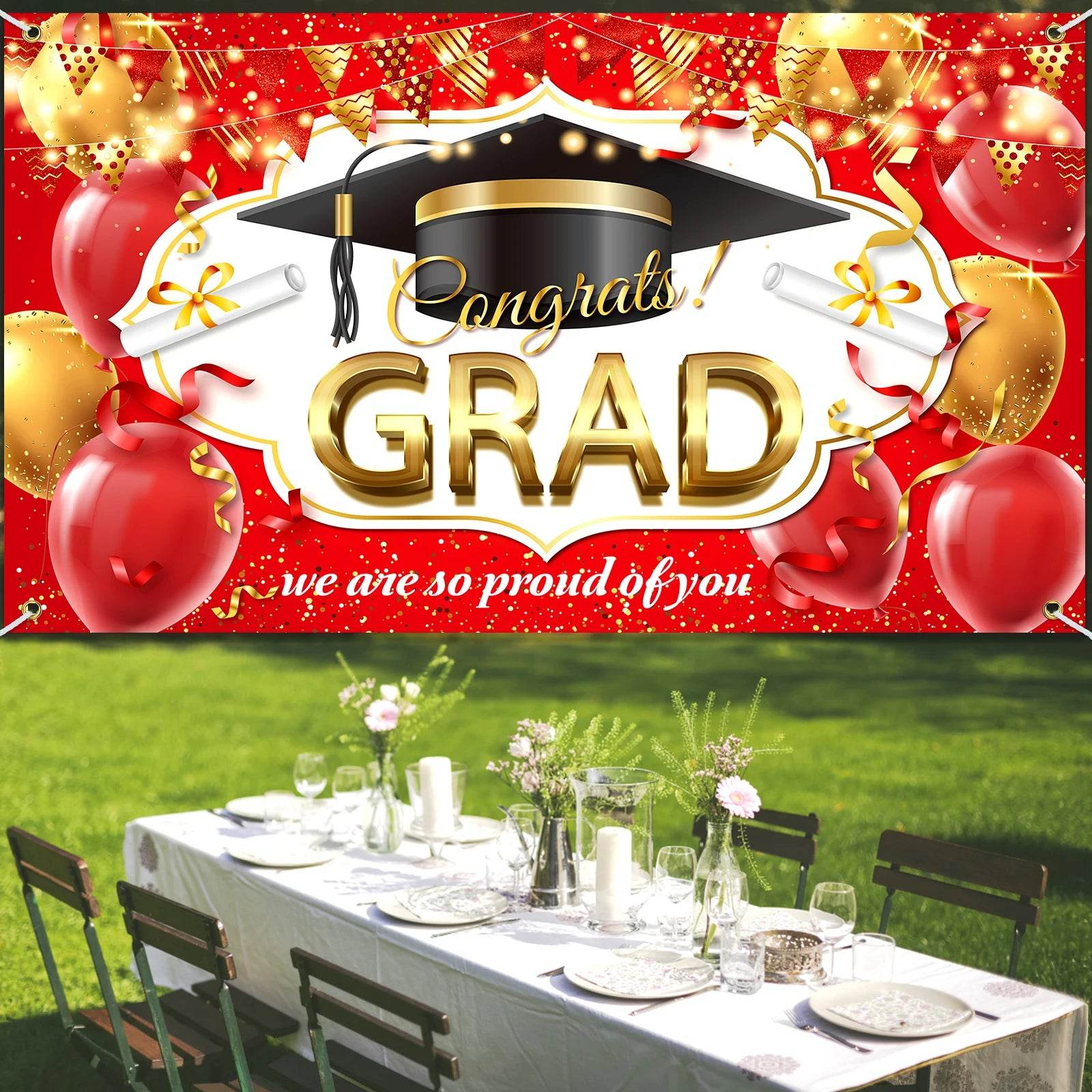 Congrats Grad Banner Backdrop Decor Set Black Gold Graduation - ToylandEU