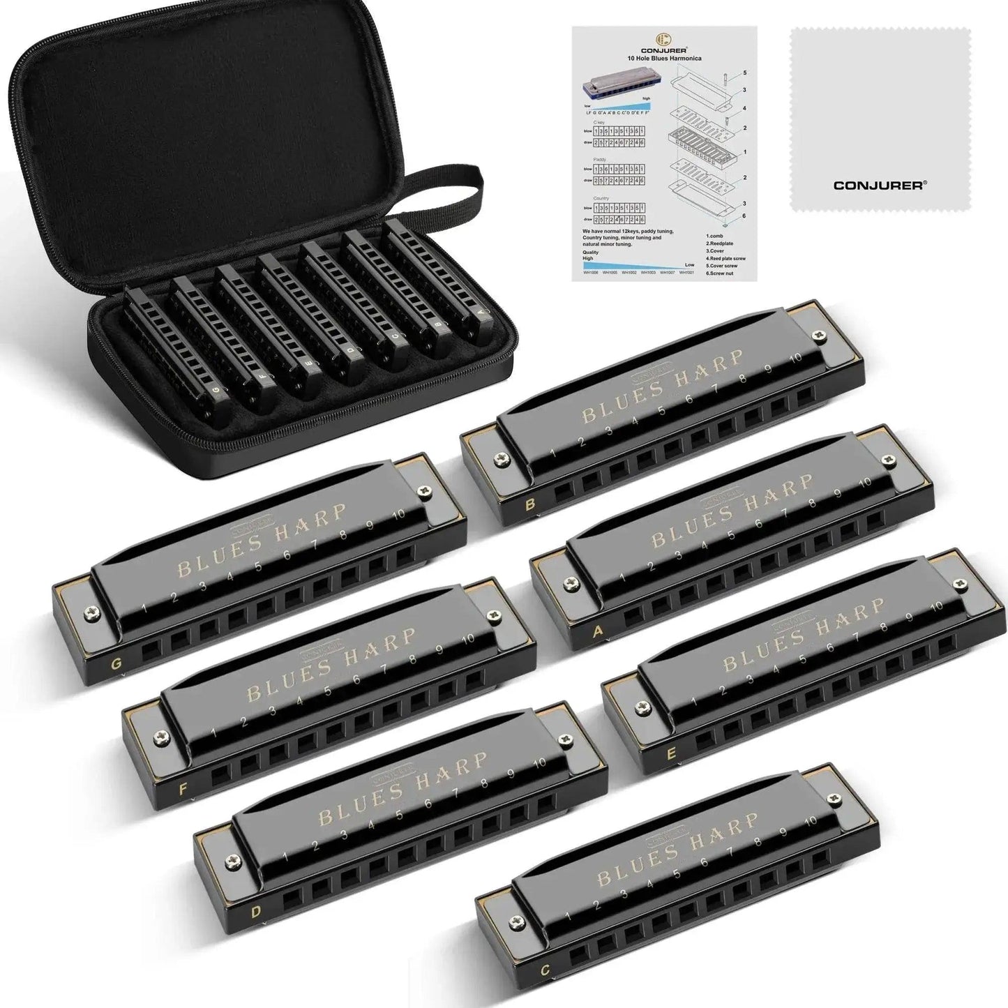  Conjurer 10 Hole Blues Harmonica Set of 7 Keys with Case -  ToylandEU™