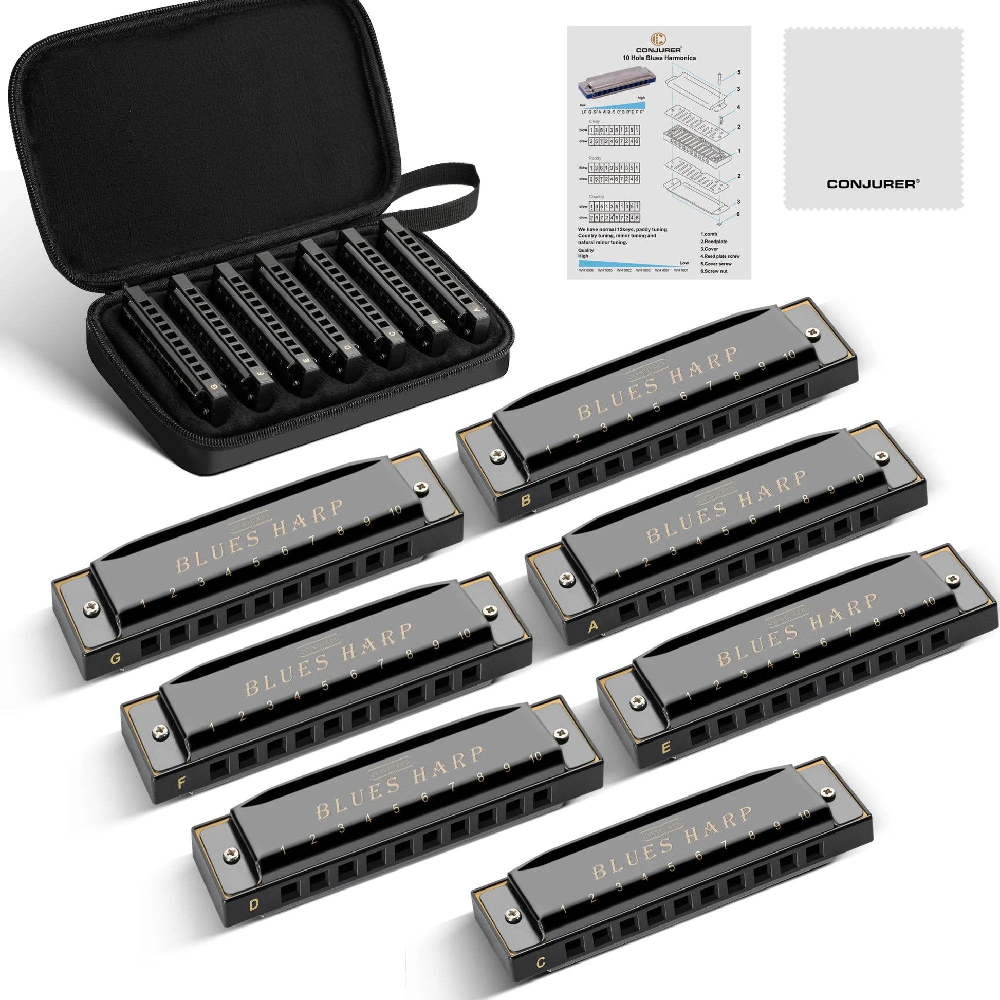 Conjurer 10 Hole Blues Harmonica Set of 7 Keys with Case - ToylandEU