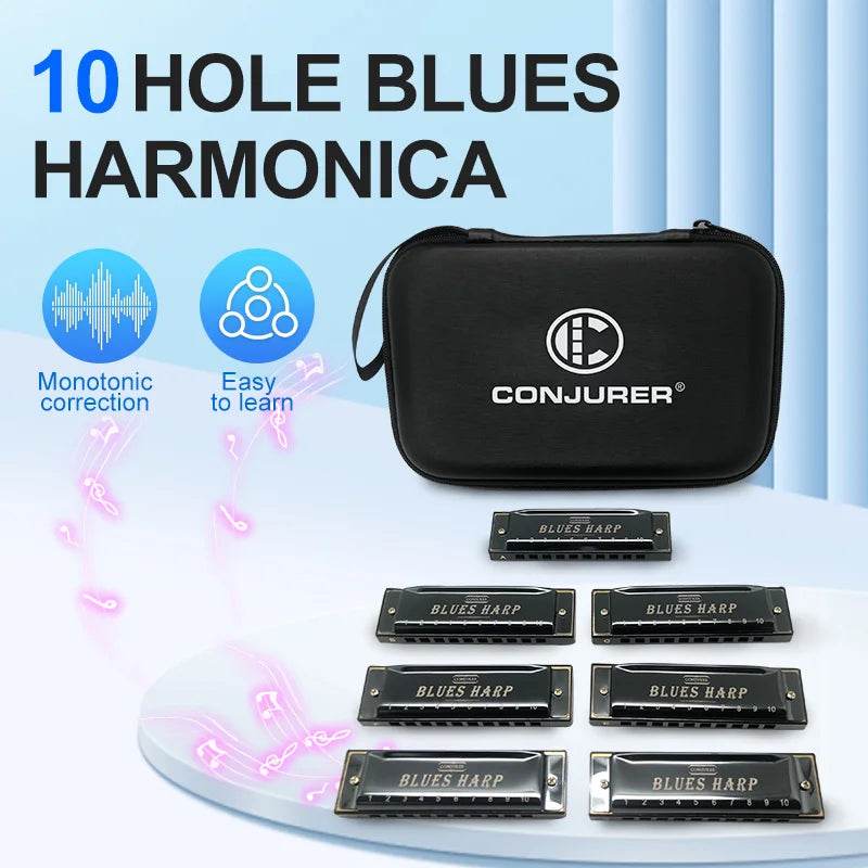 Conjurer 10 Hole Blues Harmonica Set of 7 Keys with Case - ToylandEU
