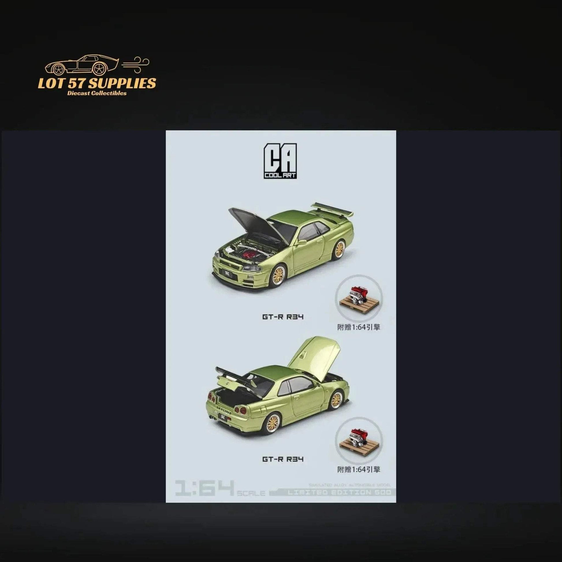 Cool ART Nissan Skyline GT-R R34 JADE GREEN With Openable Hood-Trunk & Display Engine 1:64 - ToylandEU
