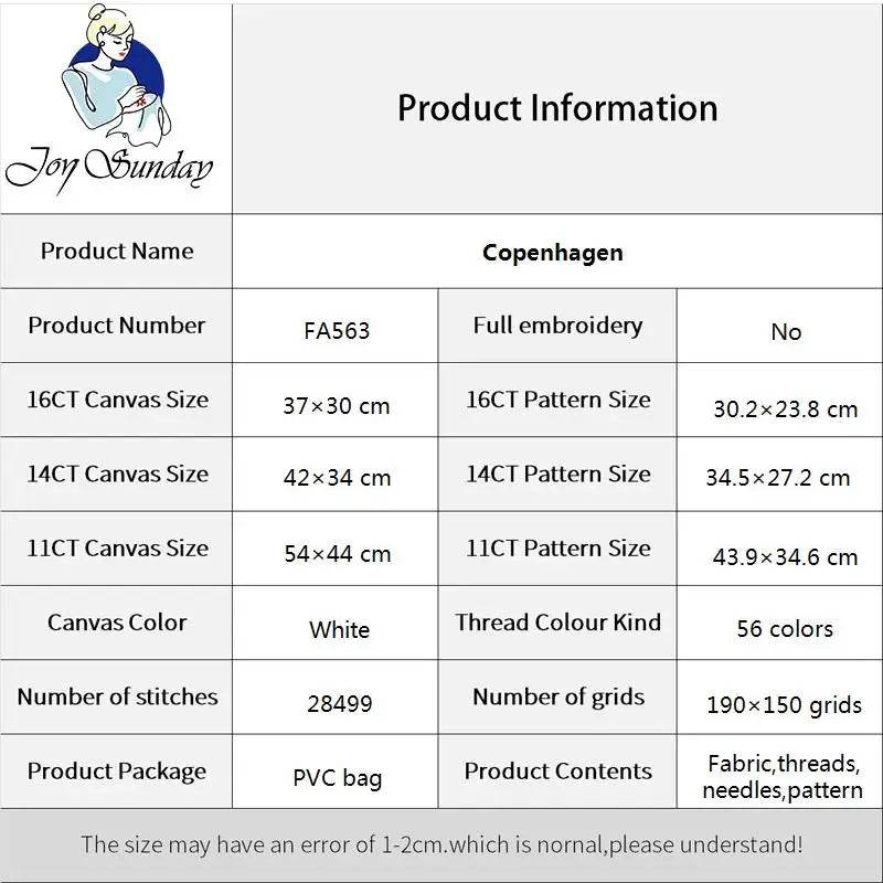 Copenhagen Landscape Cross Stitch Kit by Joy Sunday - DIY 11CT Embroidery Art for Home Decor - ToylandEU