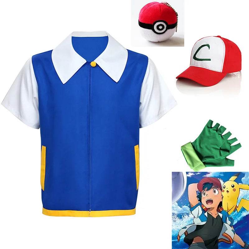 Cosplay Anime Ash Ketchum Clothes Men Blue Jacket Costume Boys Girls Cosplay for Party Trainer Pokemon Cap Gloves Set - ToylandEU